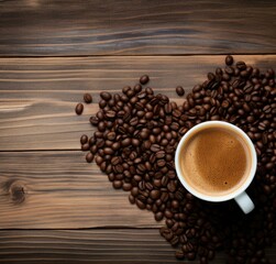 Wall Mural - Coffee beans and cup of coffee on wooden background. Generative AI.