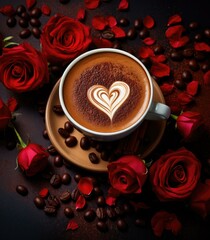 Canvas Print - Cup of coffee with heart shape on top of coffee beans and red roses on dark background. Generative AI.