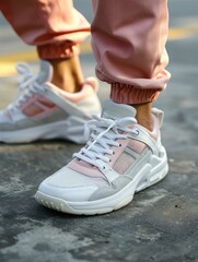 Sticker - A person wearing pink sneakers and white sneakers. Generative AI.