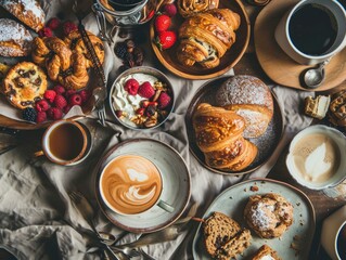 Sticker - A table with various pastries and coffee. Generative AI.