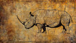  a drawing of a rhino standing in front of a yellow and brown wall with a black outline of a rhino on it's side.