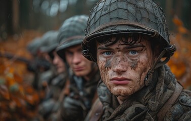 A group of determined soldiers stand together, their faces stoic and their camouflaged uniforms blending into the outdoor landscape, representing the strength and unity of the military organization t