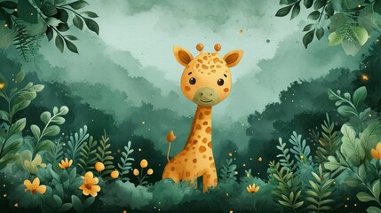 Poster -  a painting of a giraffe standing in the middle of a lush green forest with yellow flowers and leaves.