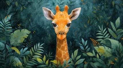 Poster -  a painting of a giraffe standing in a forest with lots of green plants and leaves on the ground.