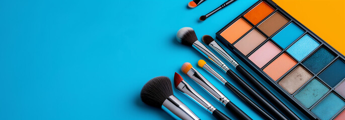 Colorful eyeshadow palette and professional makeup brushes on a blue background. Beauty and makeup concept with copy space for cosmetics design and tutorials.