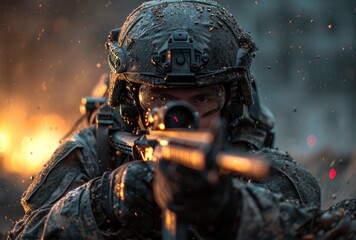 A fierce soldier, donning a protective helmet and ballistic vest, takes aim with a powerful rifle in a digital world of action and violence, ready to conquer any challenge in an intense action-advent