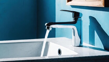 Water tap, faucet. Water flow in bathroom with sink. A modern clean habit. Hygiene concept.