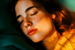 A close-up image of a young woman with freckles resting peacefully in warm sunlight, exuding natural beauty and tranquility.