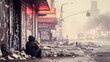 A solitary figure sits huddled on a grimy city street amidst trash, depicting urban poverty and homelessness.