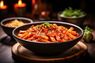 Wall Mural - Experience the vibrant flavors of Korean cuisine with a top view image featuring Chinese cabbage kimchi elegantly presented in a black dish on a dark background.