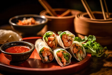 Wall Mural - Indulge in the flavorful delight of Chicken Spring Rolls, a perfect fusion of crispy texture and succulent chicken, presented in a delectable serving.