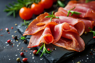 jamon slices, dry italian prosciutto, raw pork ham isolated on black background. Slices of prosciutto di parma or jamon on a black plate on a dark slate, stone or concrete background.