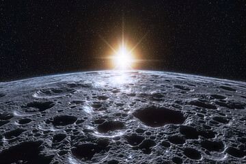 Wall Mural - watching a starlight from the moon surface. flying over the moon surface. close up view.
