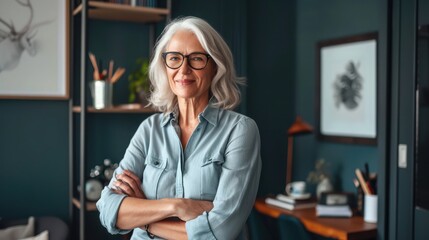 Smiling confident stylish mature middle aged woman standing at home office. Old senior businesswoman, lady executive business leader manager looking at camera arms crossed, portrait.