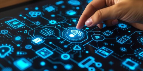Leinwandbilder - Touching the Web of Connectivity: Engaging with a High-Tech Interface for Advanced Digital Interaction, Generative AI