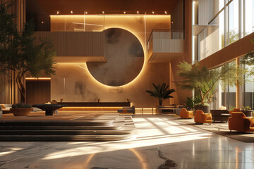 Hotel lobby interior design with curved architecture a large windows Generative AI
