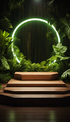 Wall Mural - A wooden have for showcasing products within a jungle forest, with a background of circular fluorescent neon lights.