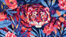  A Painting Of A Tiger Surrounded By Tropical Leaves And Flowers On A Dark Blue Background With Pink And Red Flowers.