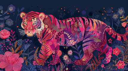 Wall Mural -  a painting of a tiger surrounded by wildflowers and leaves on a dark background with a blue sky in the background.