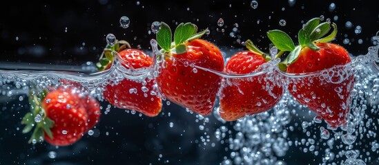 Poster - Ripe strawberries drop into the water, creating splashing and bubbles.