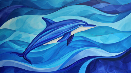 Poster -  a painting of a dolphin jumping out of the water with a wave of blue and white paint on the bottom of it.