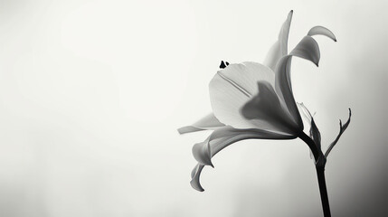 Wall Mural -  a black and white photo of a flower on a stem with water droplets on the petals and a white sky in the background.