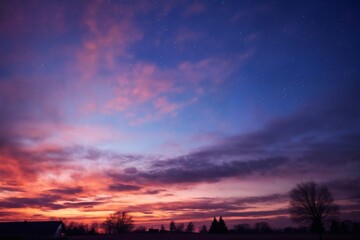 Wall Mural - beautiful sunset sky with pink clouds over forest for abstract background