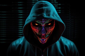 Neon Mask Hacker: Portrait of Anonymous Cyber Criminal in Dark Background