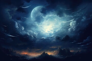 Wall Mural - Big Moon Illuminating the Night Sky with Clouds and Stars in Blue Moonlight - Full Moon in Dark
