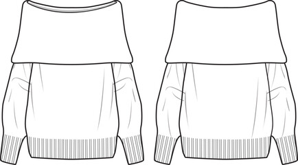 Women's Off The Shoulder Jumper. Technical fashion illustration. Front and back, white color. Women's CAD mock-up.
