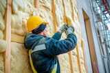 Fototapeta Sport - Construction worker installing house wall insulation in new home