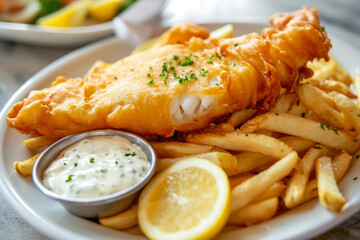 plate of fish and chips, a British fast food with battered and fried fish fillets and thick-cut fries