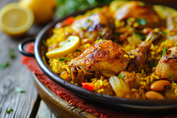 Wall Mural - plate of paella, a traditional Spanish dish with rice, chicken, rabbit, beans, and saffron, in the style of rustic, warm, appetizing
