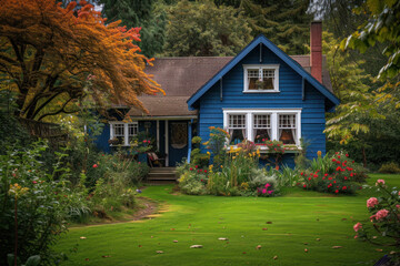 Wall Mural - blue home next to green grass