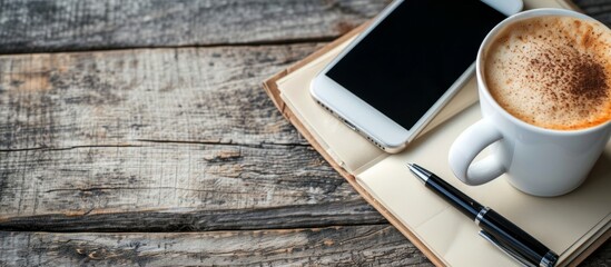 Sticker - Coffee cup texture background with a blank notebook, pen, and smartphone for design purposes, representing a business concept.