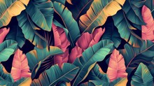 Tropical Luxury Exotic Seamless Pattern. Pastel Colorful Banana Leaves, Palm. Hand-drawn Vintage 3D Illustration