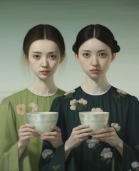 Sticker -  a painting of two women holding bowls with flowers on them, both of them are holding their hands in front of their faces.