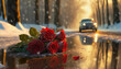 Zimowa aura, bukiet czerwonych róż pozostawiony na drodze. Generative AI