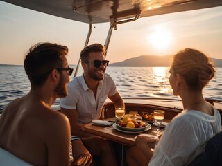  Young men and women enjoy vacation and travel on boat in the sea at sunset in the summer