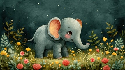 Poster -  a painting of an elephant in the middle of a field of flowers and plants with a dark sky in the background.