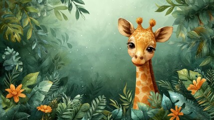 Poster -  a painting of a giraffe in the middle of a jungle with lots of leaves and flowers around it.