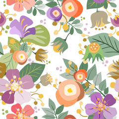  Colorful pastel floral elements vector seamless pattern. Attractive texture art in vintage style for printing on textile, wrapping, packages, apparel, homeware etc. or usage in graphic design.
