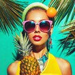 Fun offbeat pop-art style portrait of a beautiful tropical looking young woman holding a pineapple on a vibrant colored background