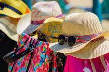 Shot Of Sun Hats Displayed With Sunglasses And Beach Bags