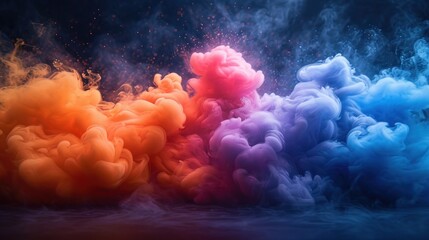 Wall Mural - a group of colored smokes floating in the air on a black background with a blue sky in the backgroun