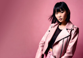 Wall Mural - Beautiful asian woman wearing a pink jacket on pink background. Trendy asiatic model