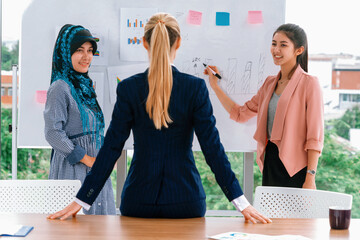 Wall Mural - Multicultural working group. Team of businesswomen of different ethnicity, Caucasian, Asian and Arabic working together in team meeting at office. Multiethnic teamwork concept. uds