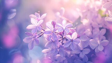 Beautiful Wide Angle soft spring background with lilac flowers. Panoramic pastel floral pink and purple template Web banner. greeting card with Copy Space. Illustration for Albums, notebooks.