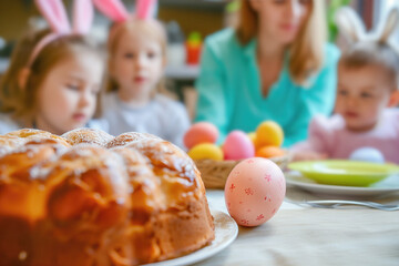 Wall Mural - Easter cake with colorful eggs on the table with children in the background