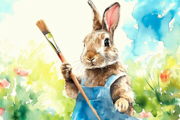Wall Mural - watercolor illustration of a bunny holding a paintbrush, with a beautiful garden in the background